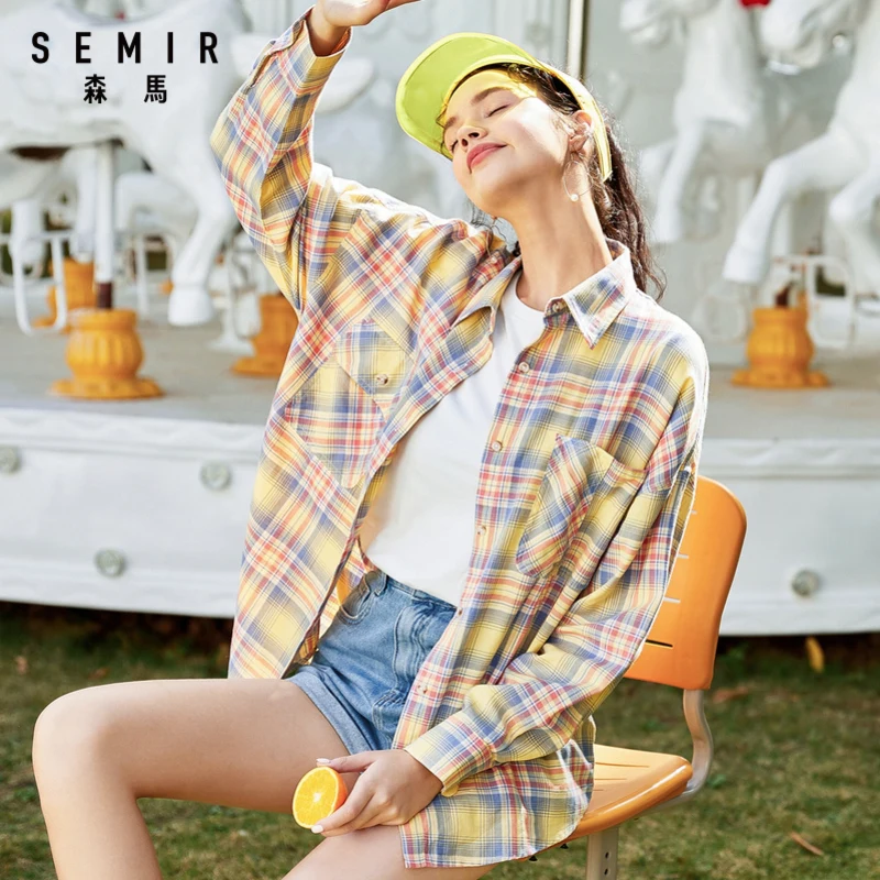 Женская клетчатая блузка SEMIR удобная рубашка из чистого хлопка с длинным рукавом