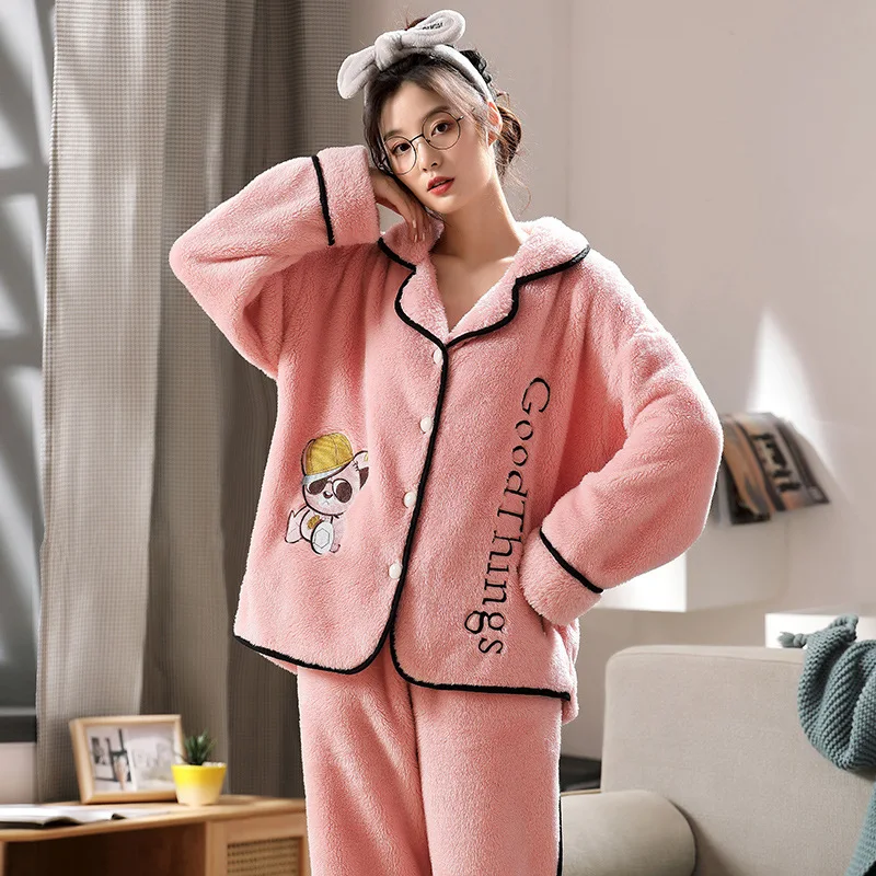 Flannel Pajamas Set for Women Long-sleeved Winter Plus Size Fleece Cartoon Coral Fleece Clothes Sleepwear Nightwear пижама