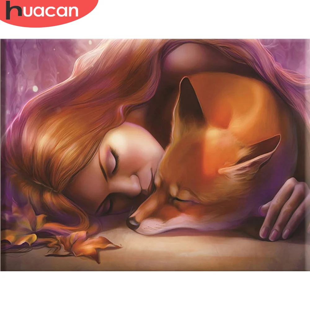 

HUACAN 5D Алмазная мозаика лиса девочка полная дрель квадратная Алмазная картина животное крест вышивка набор Стразы картинки домашний декор