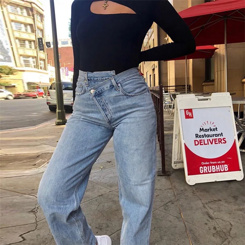 

Vintage 90s Women Straight Leg Jeans Asymmetric Waist Loose High Waist Jeans Fashion Casual Women Summer Denim Pants