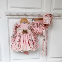 3pcs baby girl autumn winter pink rose floral vintage spanish lolita princess gown dres with pants hat girl birthday christmas