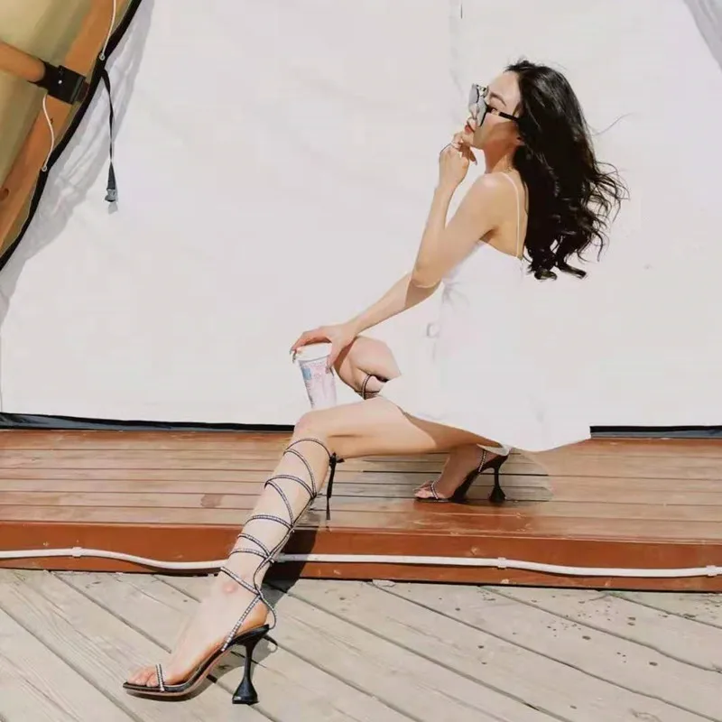 

Fashion Sandals For Women 2021 Summer Mide High Rhinestone Bandage Designer Sandals Casual Party Fairy Lace Up Gladiator Sandals