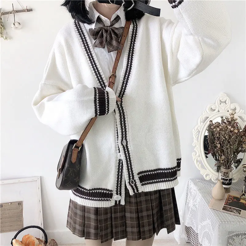 

Spring And Autumn Women's Cardigan V Neck Sweater Loose Fashion Knitted Sweater Coat Student Fashion Korean Version Jk Uniform