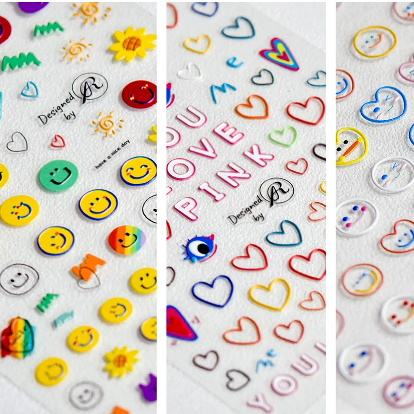 

New Technology Embossed Three-Dimensional 5D High Quality Nail Stickers Smiley Love Rainbow Nail Art Decoration Decals