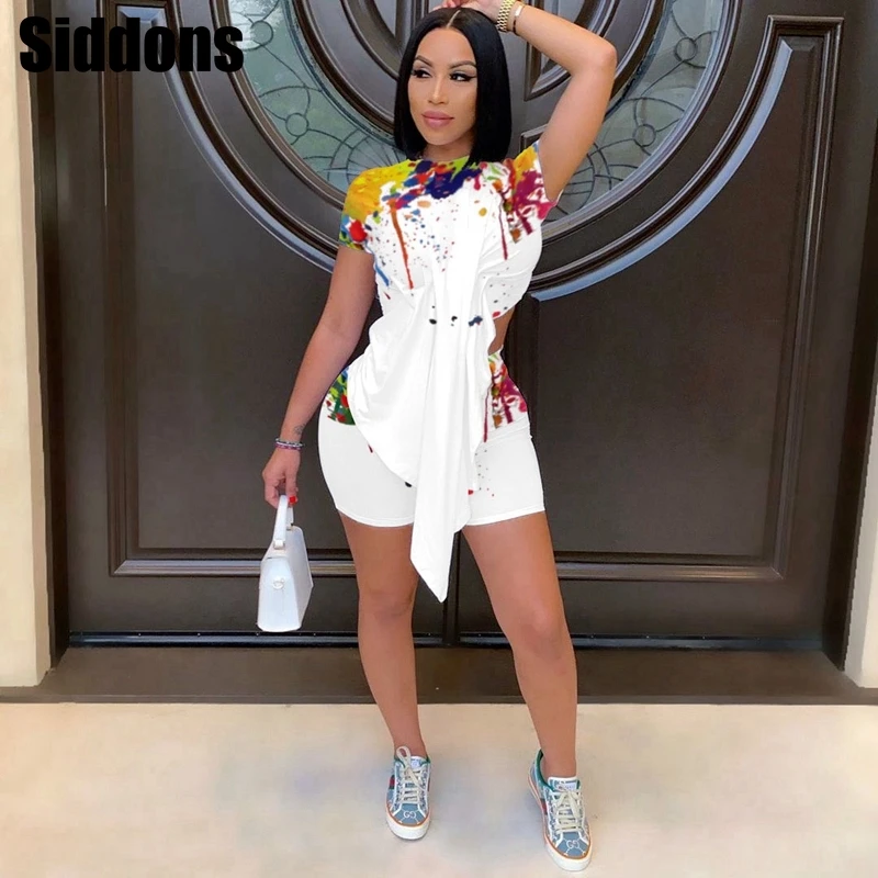 

Two Piece Women Set Tie Dye Print T Shirt Top and Biker Shorts 2 Piece Set Summer Women Tracksuit