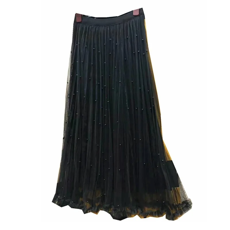 

Autumn Long Half-body Pleated Skirt Woman High Waist Bead Pleuche Bouffancy Longuette Tulle Skirt Women Velvet Skirts