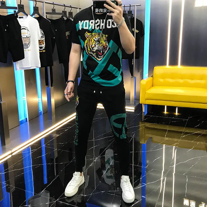 

Ice silk Outfits men's summer spirit guy fast hand with net red society short sleeve pants men's suit