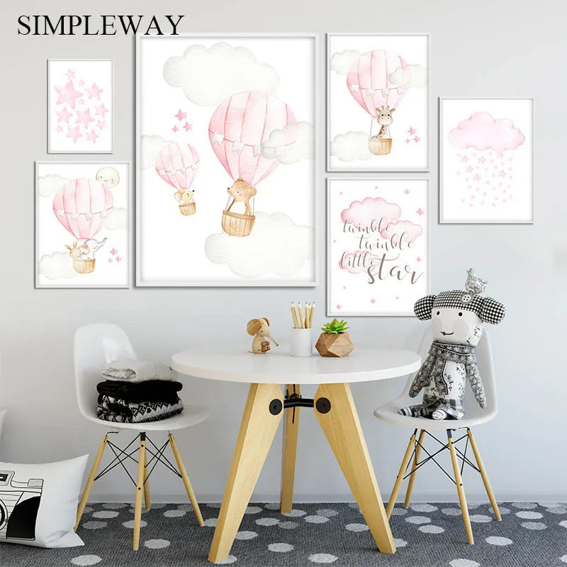 

Baby Nursery Girl Wall Art Canvas Poster Pink Balloon Animal Travel Print Painting Nordic Kid Child Bedroom Decoration Picture