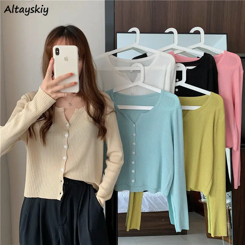 

Women Cardigans Solid Temper All-match Streetwear Sweet Retro Teens Tender Knitted V-neck Single Breasted Loose Leisure Sweaters