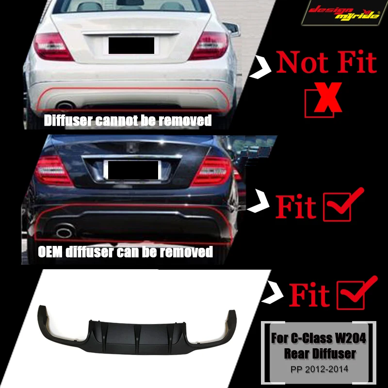 W204 диффузор, губа на задний бампер c63 стиль PP пластик для Mercedes Benz C180 C200 C250 C280 C300 C350 губ Диффузор и C63 бампер 12-14 лет