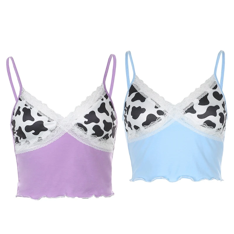 

Women Spaghetti Strap Crop Top Sexy V-Neck Cross Lace Patchwork Camisole Color Block Cow Print Ruffles Hem Sling Vest