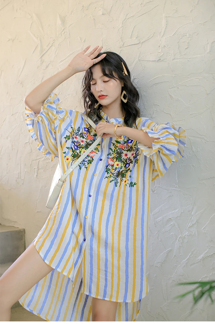 

Lantern Batwing Sleeve Blouse Women Long Embroidery Floral Stripped Shirts Bohemian Irregular Blouse Blousa Shirtdress