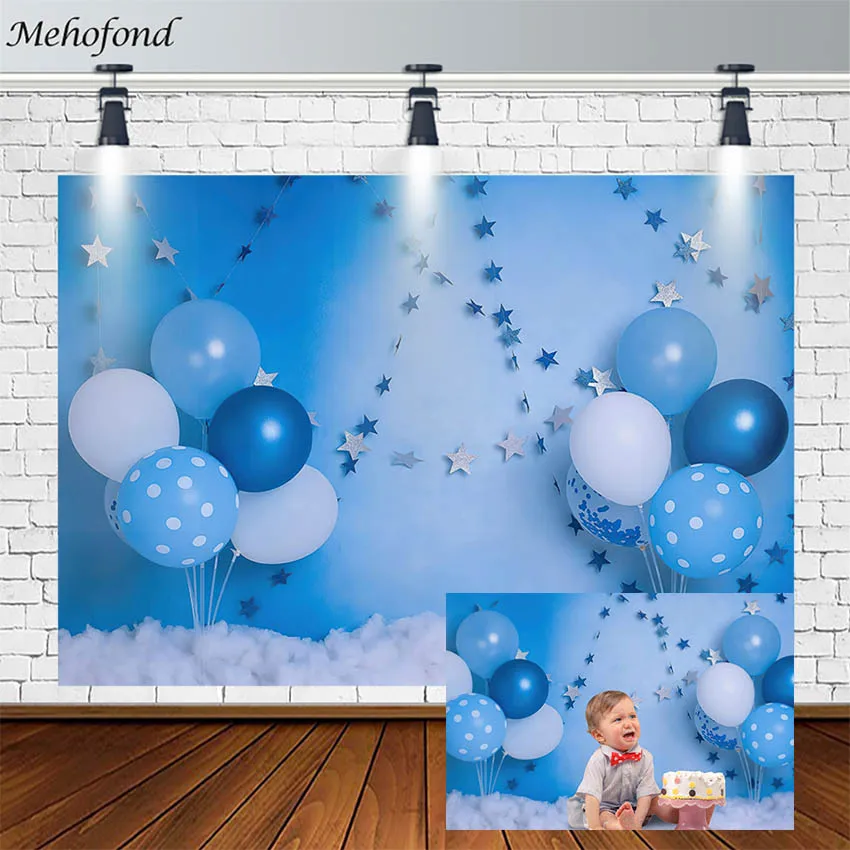 

Mehofond Birthday Cake Smash Backdrop Blue Balloon Photography Background Studio Star Cloud Boy Decor Photophone Photozone Props