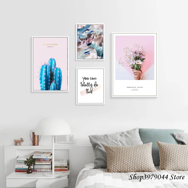 Синий кактус Холст плакат розовый цветок Маргаритка стены художественная