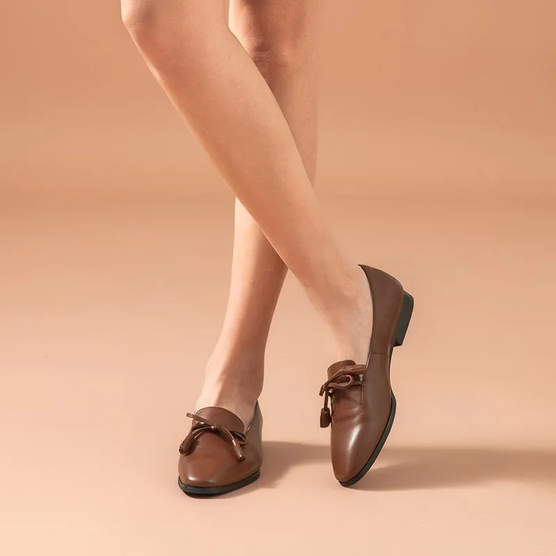 Женские лоферы с бахромой BeauToday из натуральной телячьей кожи бантиком и