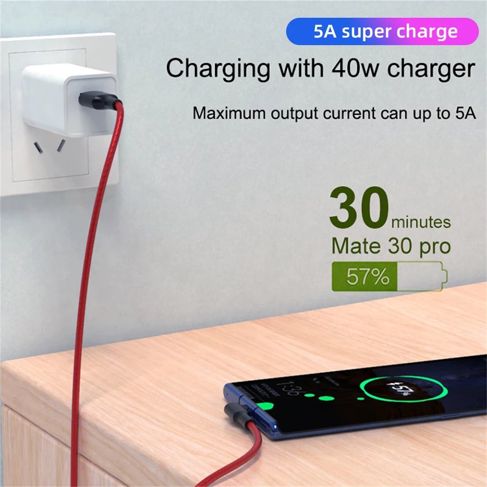 90 градусов 5A USB Type C кабель 2 м QC3.0 Быстрая зарядка для Samsung Xiaomi Poco X3 Redmi Note 9 Pro Oneplus 8 USBC
