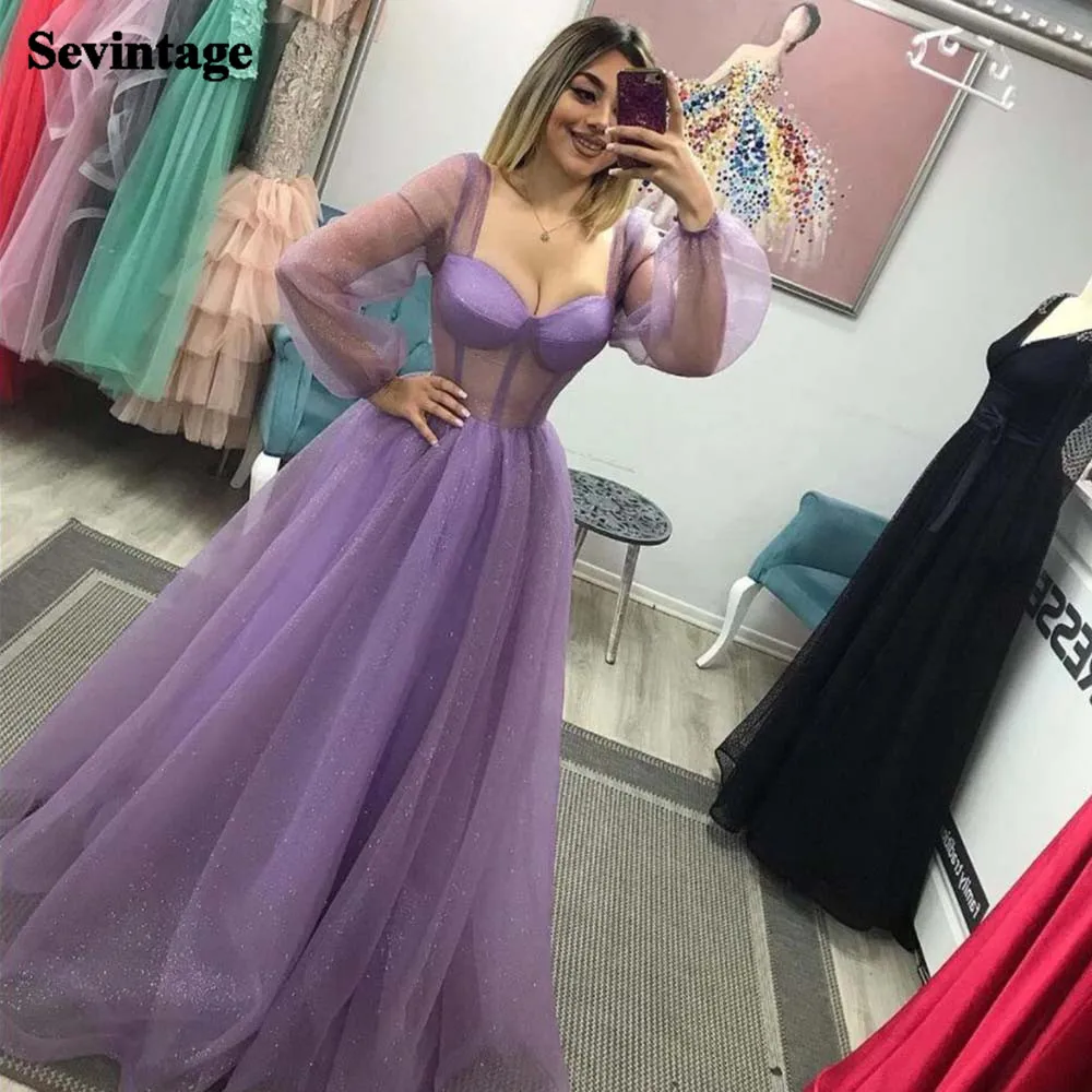 

Sevintage Giltter Light Purple Tulle Prom Dresses Long Sleeves Illusion Bodice Evening Dress Fitted Bones Formal Party Gowns