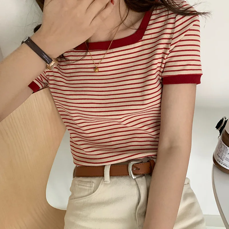 Женская одежда 2020 летняя футболка с квадратным вырезом и коротким полосатым