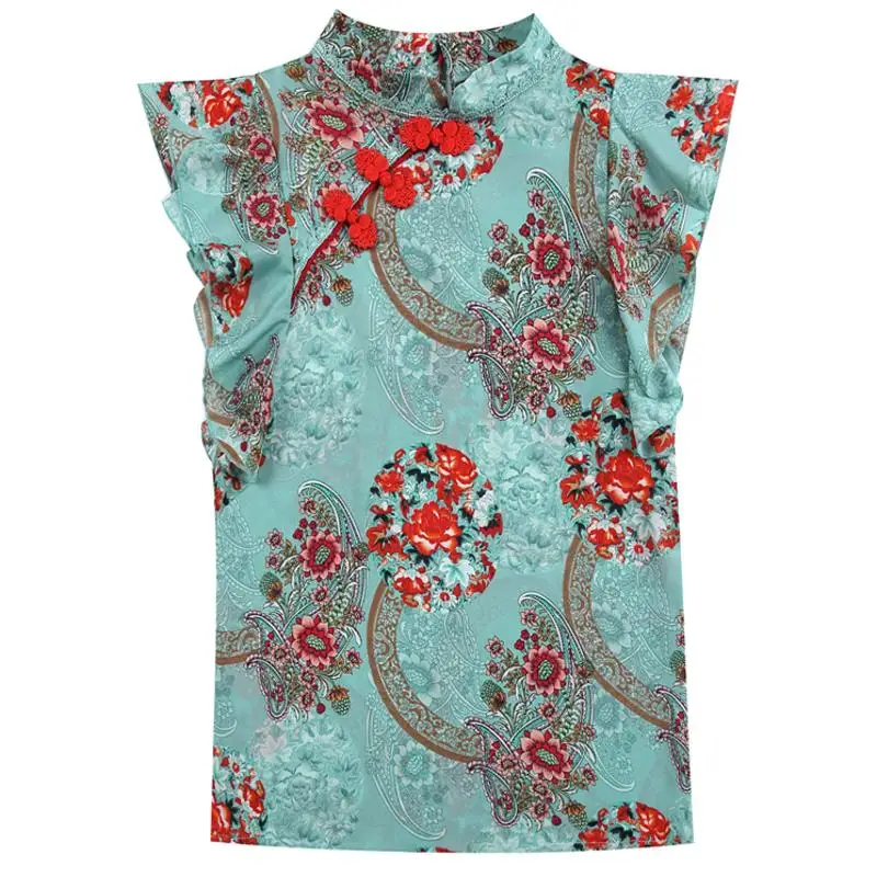 Chinese Cheongsam Style Women Floral Chiffon Shirt 2020 Summer Blouse Ruffles Short Sleeve Shirts Tops Blusas A3252 | Женская одежда