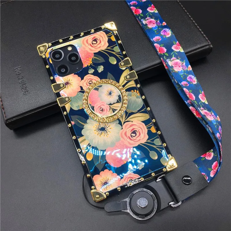Blue Ray розовый цветок для iphone 11 Pro X XR XS Max 8 7 Plus квадратные чехлы для телефонов для samsung Galaxy S9 Plus Note 10 8 9 чехол - Цвет: 1RingStrap
