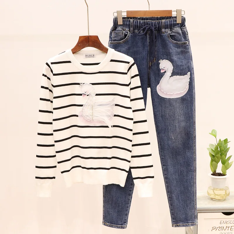 Новинка осени 2020 Женский комплект модный бисер перо лебедь длинный рукав вязаный