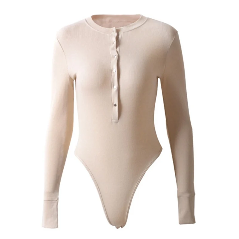 

New Autumn Fashion Long-sleeved Crater Knit Button Bottoming Shirt Cotton Solid Color Bodysuit For Women