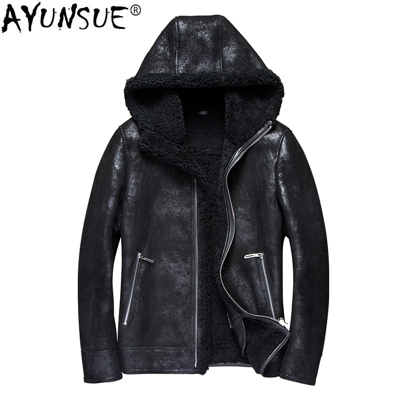 

Leather Jacket Men's Winter Real Genuine Leather Jackets Hooded Sheepskin Coat Short Vintage Natural Wool Fur Coats 2021 7110-1