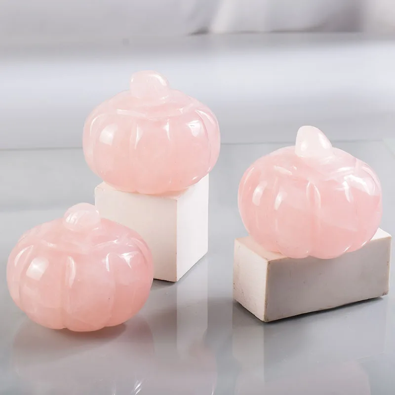 

2" Halloween Pumpkin Stone Statue Natural Gems Hand Carved Crafts Crystal Rose Quartz Chakra Healing Reiki Stone Home Decorative