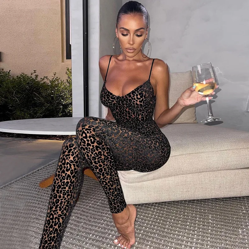 Ins European & American style 2021 autumn new women's fashion sexy low breast perspective mesh slim fit leopard Jumpsuit women