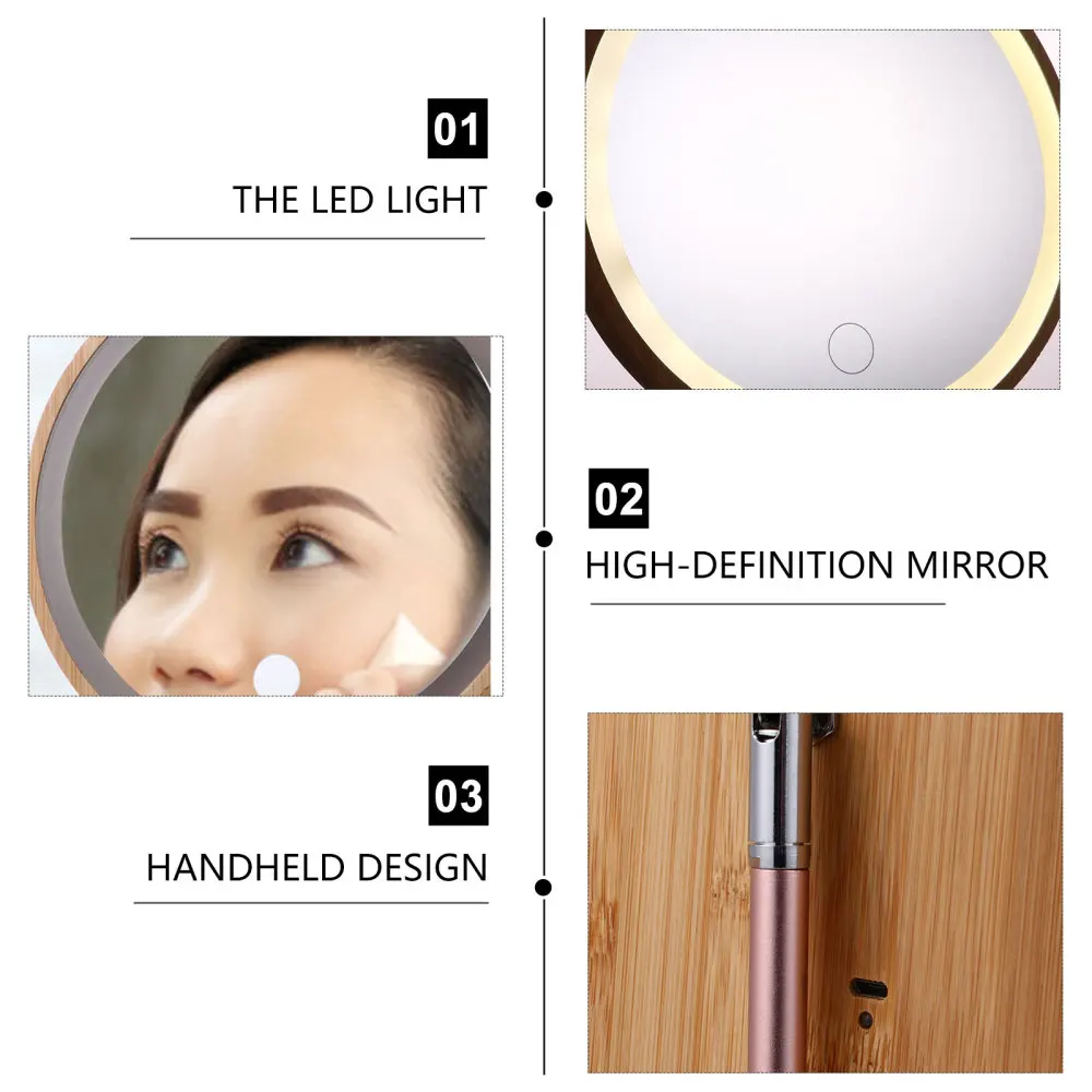

1Pc LED Makeup Mirror with Light Desktop Wooden Round Cosmetic Mirror for Home