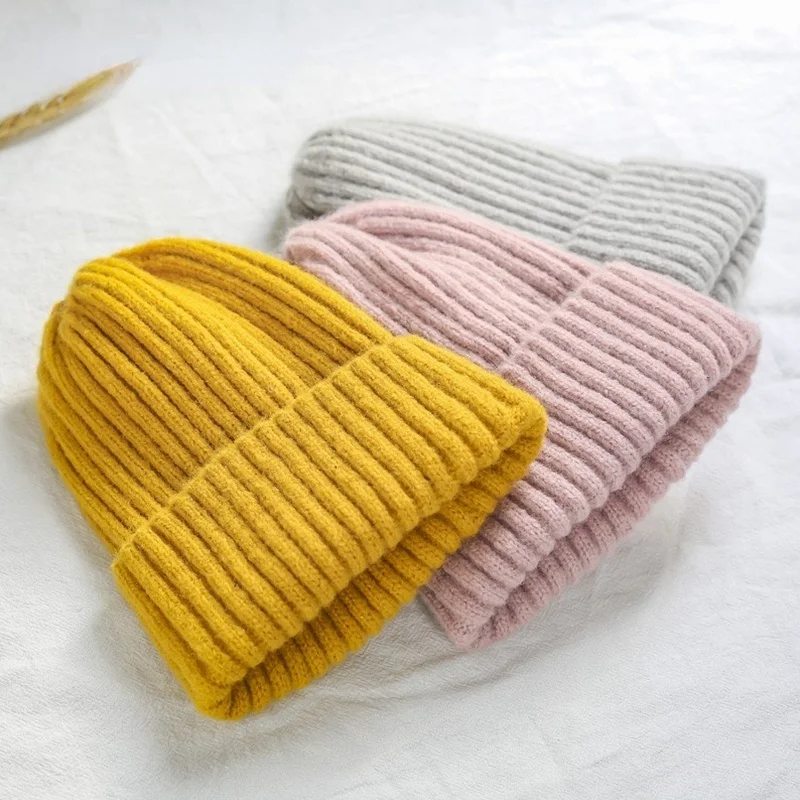 

2021 New Winter Solid Color Wool Knit Beanie Women Fashion Casual Hat Warm Female Soft Thicken Hedging Cap Slouchy Bonnet Ski