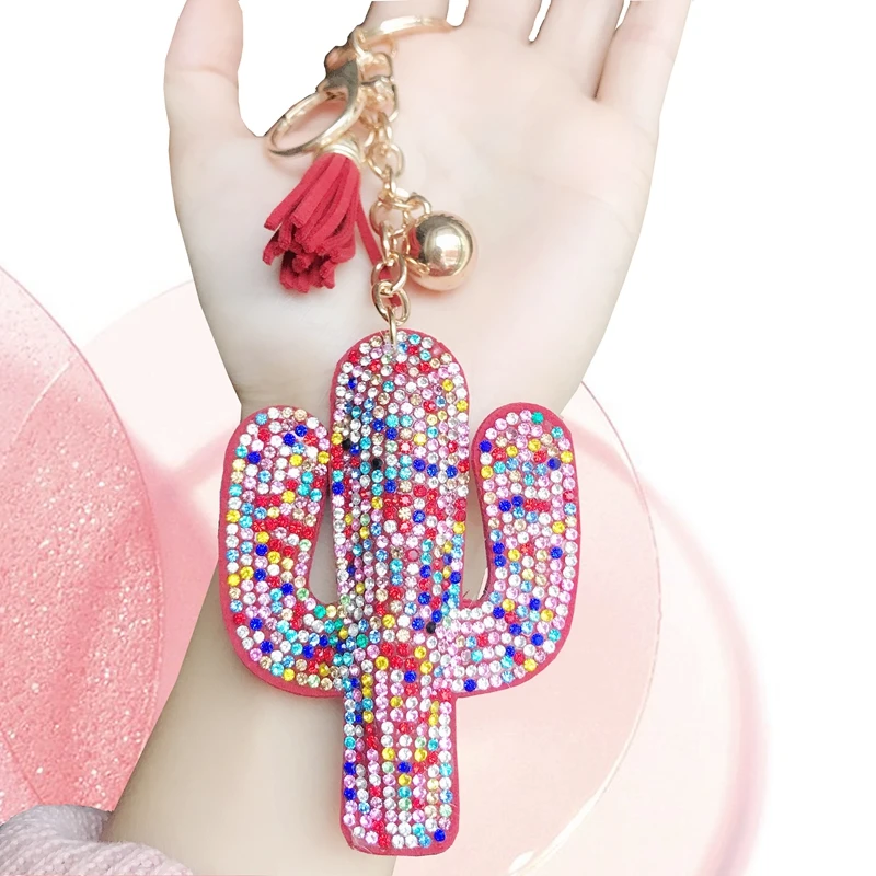 Cute Cactus Shiny Keychain Red Color Rhinestone Tassel Key Chain Keychains For Women Car Bag Accessories Pendant Simple Key Ring