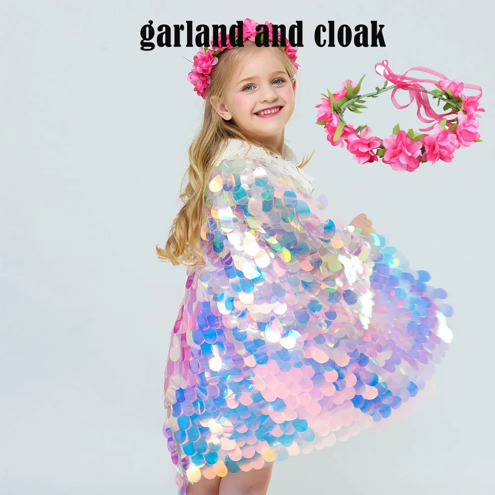garland and cloak Костюм Русалочки на Хэллоуин; детский плащ с яркими блестками; нарядное рождественское платье принцессы Ариэль с блестками - Цвет: garland and cloak