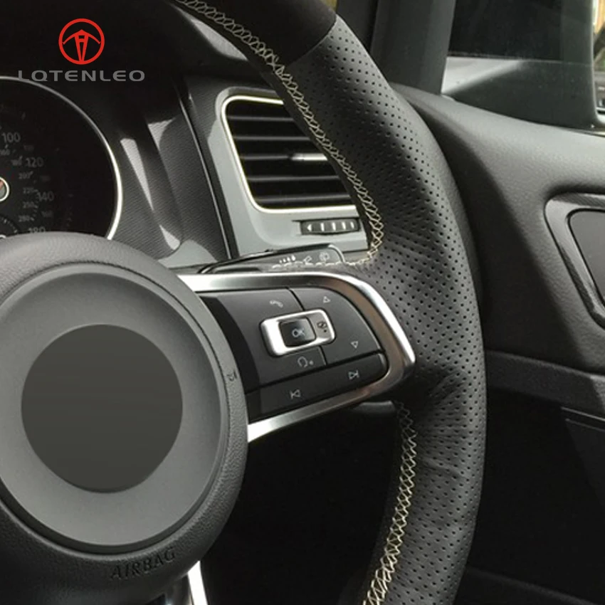 Чехол на руль LQTENLEO черная замша из натуральной кожи для Volkswagen Golf 7 GTI R MK7 VW Polo Scirocco