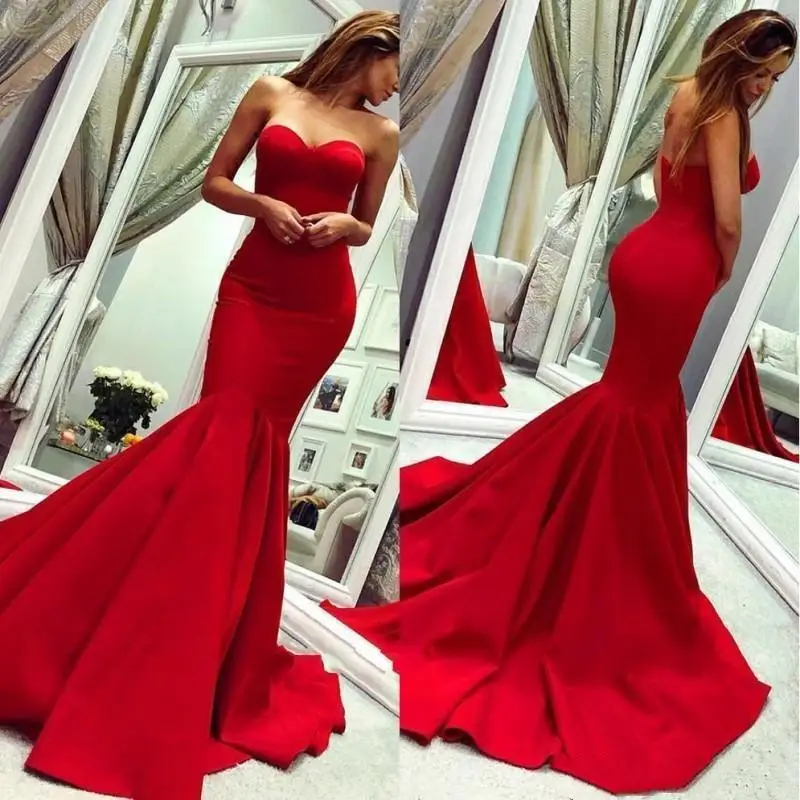 

2020 Charming Red Strapless Evening Gowns Formals Wear Sweet Mermaid Long Backless Plus Size Prom Gowns Bridesmaid Dress