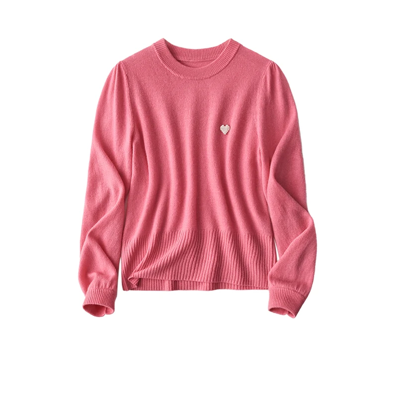 

SHUCHAN 65.4% Wool 34.6% Cashmere Warm Sweet Sweater Women Puff Sleeve O-Neck Appliques Autumn Winter Pullover Pink