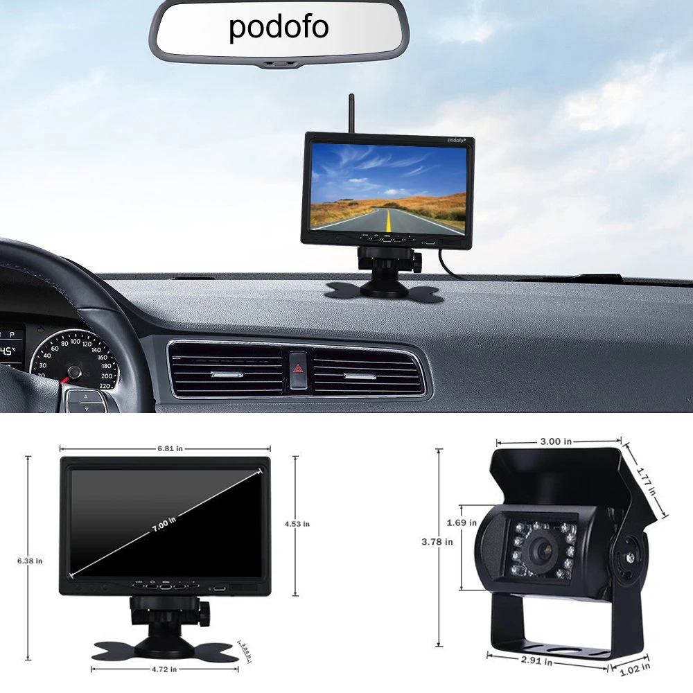 Podofo 7 "ЖК-дисплей Беспроводной автомобильный монитор заднего вида HD Дисплей