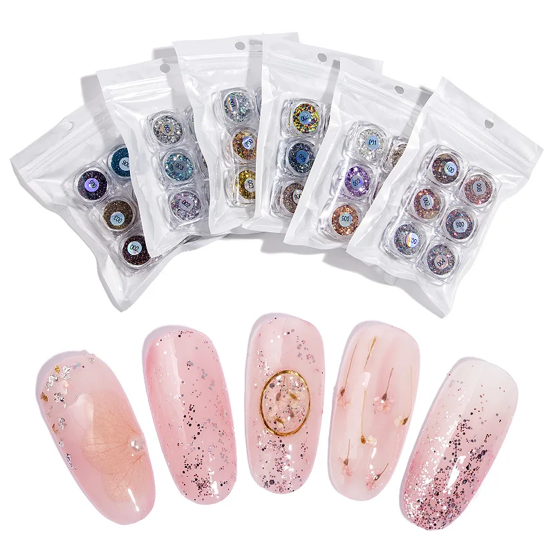 6 коробок/Набор для дизайна ногтей Блестящий Порошок блестки набор 3D лазерный