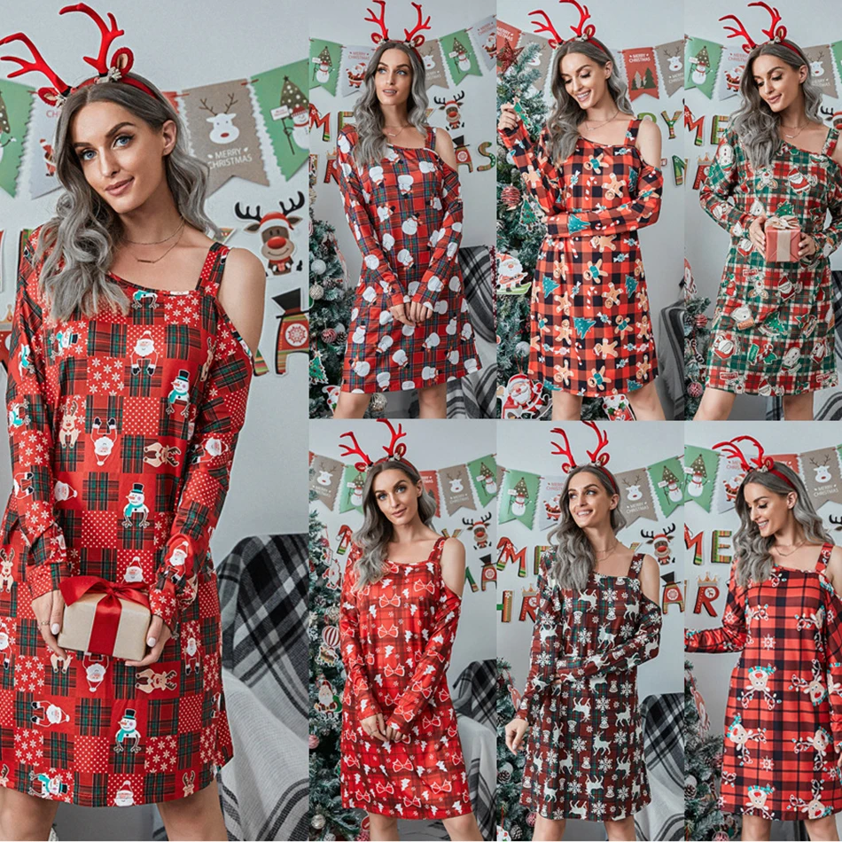 

Платье женское с открытыми плечами, Рождественский сарафан с мультяшным принтом в клетку, Свободный Повседневный пуловер с длинным рукавом...