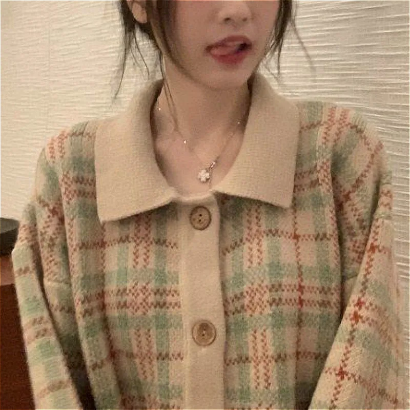 

Cardigan Women Vintage Knitted Outerwear Femme Chic Spring Jumpers College Ins Retro Turn-down Collar Sweater Patchwork Apricot