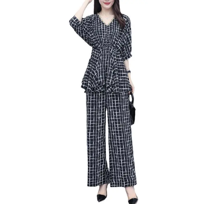

Wide Leg Pants Outfits Women's 2021 Summer New Fashion Temperament Age Reduction Wide Leg Pants Plaid Two-Piece Set