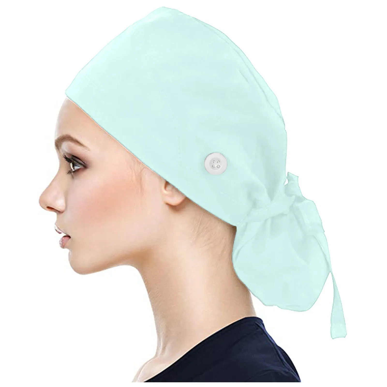 

Solid Color Scrub-cap With Buttons Women Nursing Sweatband Bouffant Unisex Work Wear Hat Wrap Long Hair Band
