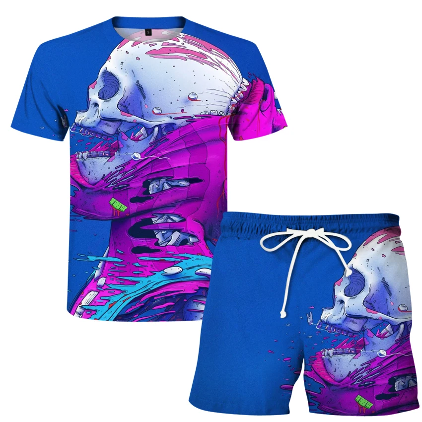 

Strange skull print T-shirt + shorts summer hip hop short sleeve suit 3D men's gentleman casual men's suit
