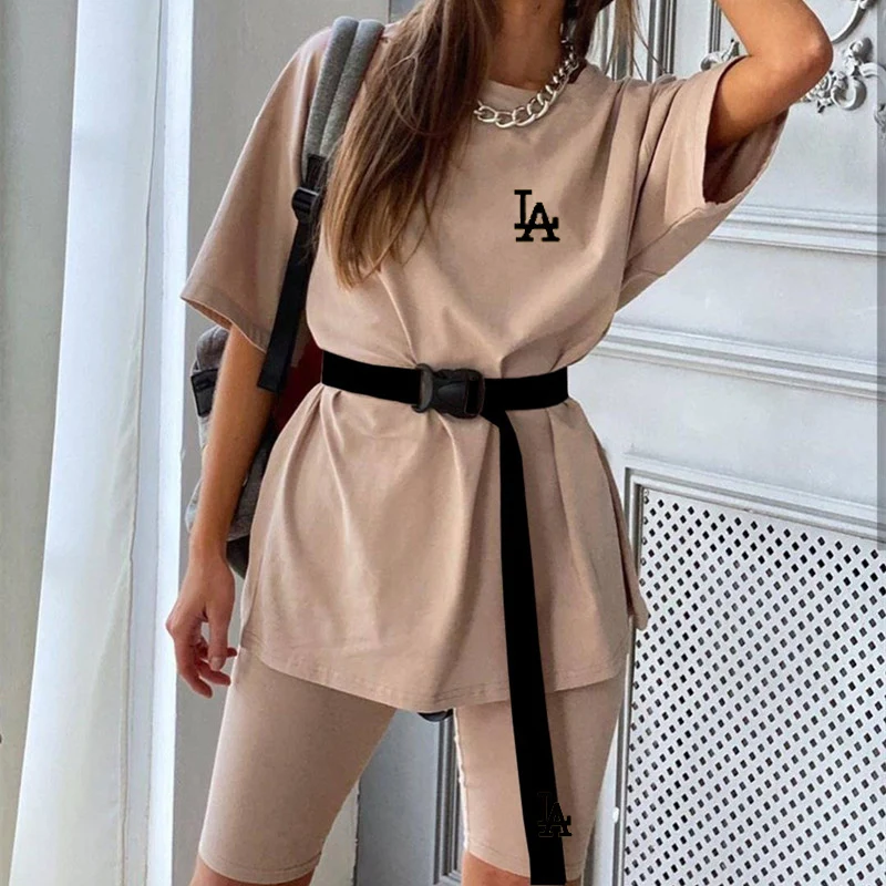 

Casual 2 Piece Sets Women's Suit Tracksuits Set LA Letter Print Plus Size Sweatsuit T-Shirts Top And Skinny Pants Shorts Suit