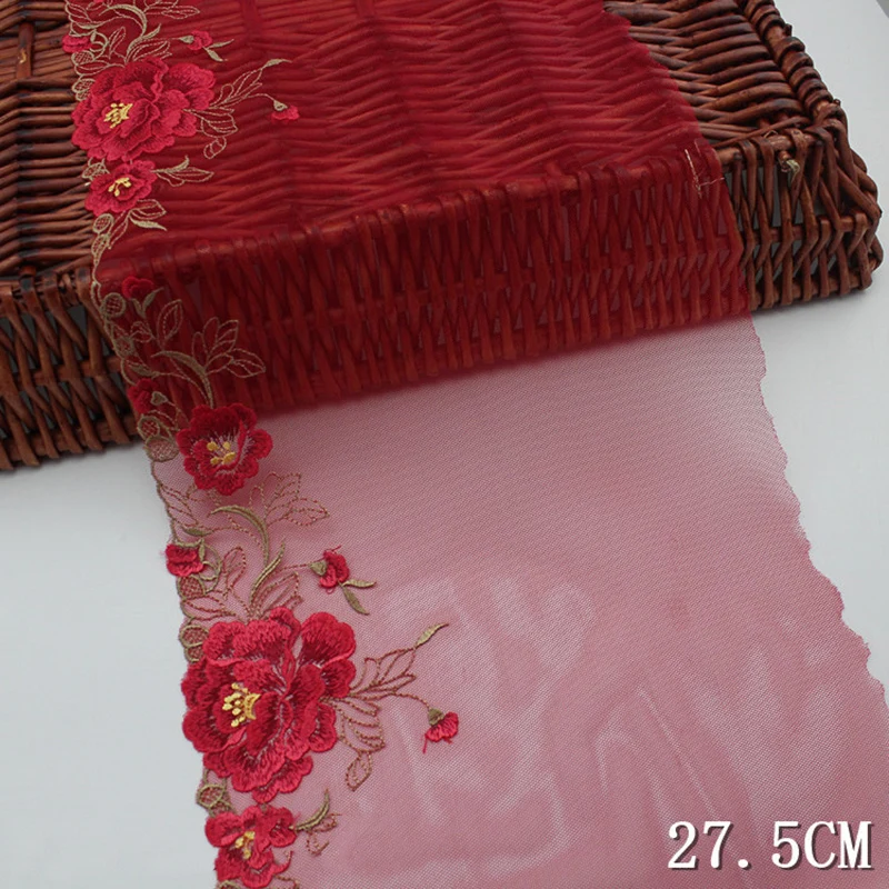

30Yards Embroidery Mesh Red Ribbon Flowers Floral Lace Trim Fabric For Wedding Dresses Head Veil DIY Sewing Supplies