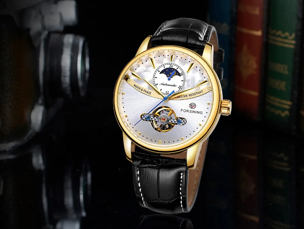 Классические Механические часы Forsining Blue Moon Phase, автоматические турбийон, мужские часы из натуральной кожи, мужские часы, Прямая поставка