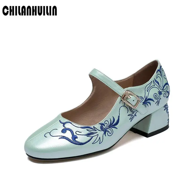 

retro high heels embroidered leather women pumps mary janes thick heels party office shoes square toe dress pumps shoes woman