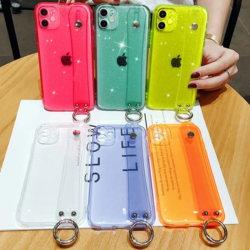 

Shining Glitter Powder Wrist Strap Phone Case For iPhone 12 Pro Max 11 X XR XS 7 8 Plus Mini SE2020 Transparent Soft Stand Cover