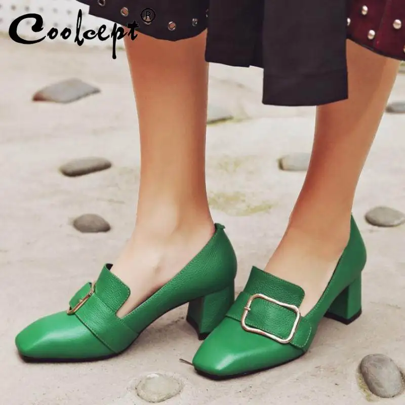 

Женские винтажные туфли Coolcept, из натуральной коровьей кожи, с квадратным носком, с металлической пряжкой, на высоком каблуке, Размеры 33-41