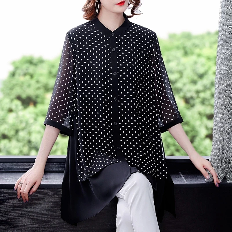 

2021Summer Loose4XL Plus Size Long Shirts Spring Vintage Casual Black Dot Print Chiffon Blouses Women Elegant high qualityShirts